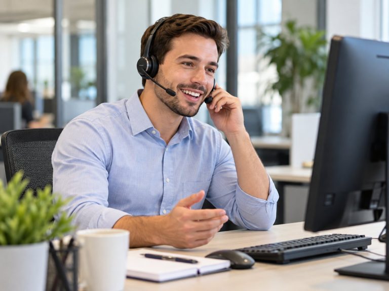 Smiling customer service representative wearing a headset, talking with a customer at his desk