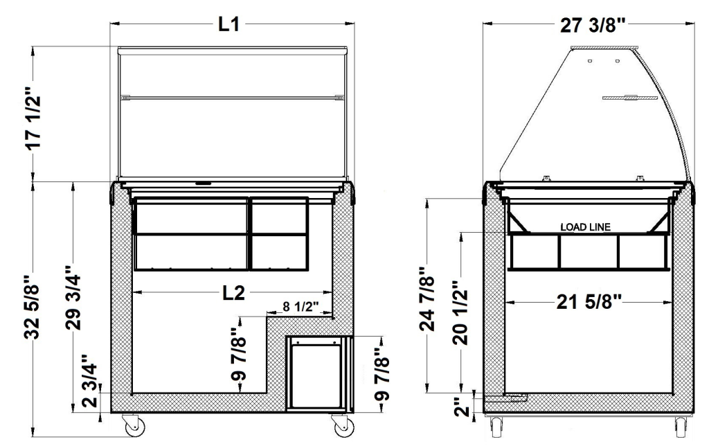 HBG Gelato Scooping Cabinet dimension drawing, HBG SERIES