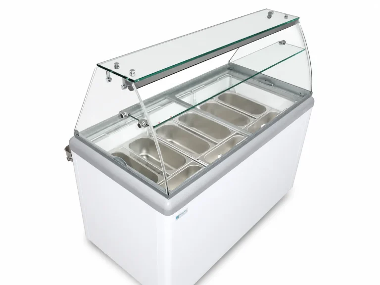 HBG Gelato Scooping Cabinet, gelato pans close up