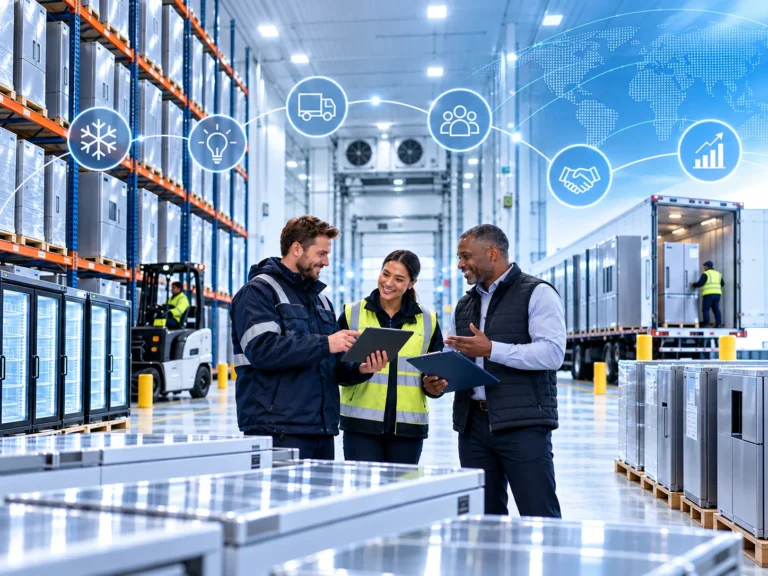 Three colleagues reviewing a tablet and a clipboard in a warehouse of refrigeration equipment, with icons for cooling, ideas, delivery, teamwork, partnership and growth above them