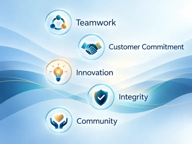 Five icons on a light blue background, labelled Teamwork, Customer Commitment, Innovation, Integrity and Community