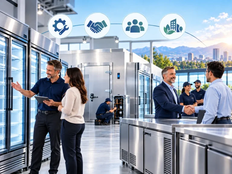 A showroom of commercial refrigerators where a salesman shows a customer a glass-door cooler, a technician services a unit and two men shake hands, with icons for service, partnership, people and community above them