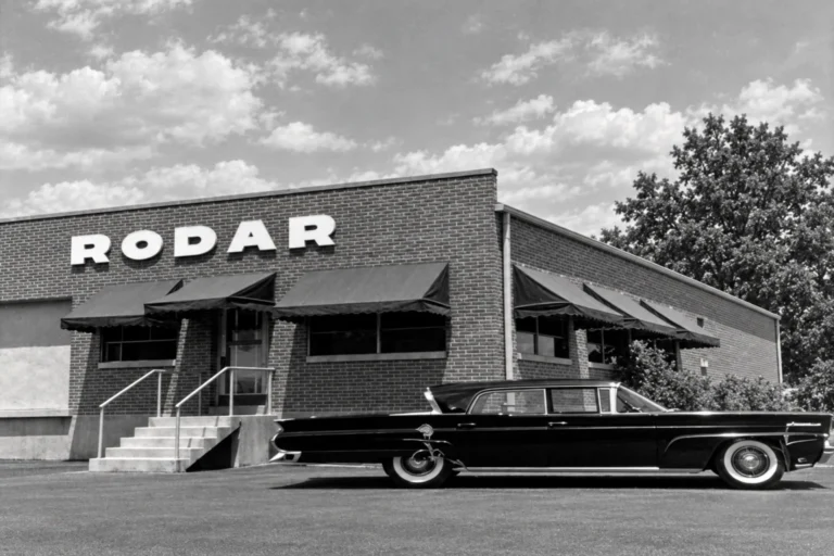 Black-and-white photo of a brick building with a RODAR sign and a vintage car parked in front
