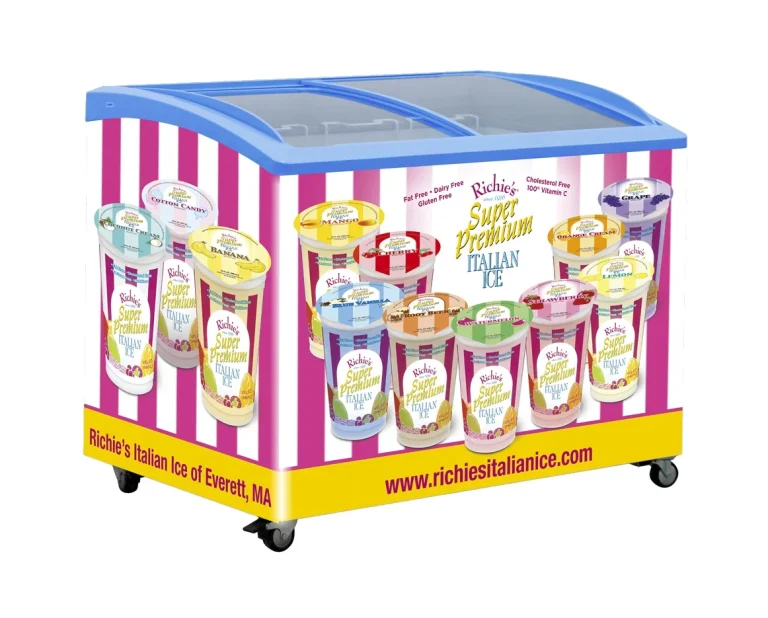 VB Curved Lid Display Freezer & Ice Cream Freezer, with custom Italian ice graphics