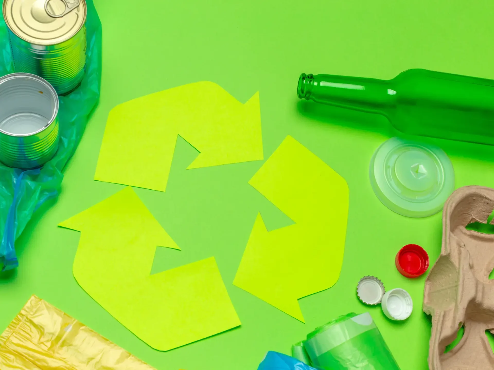 Eco concept with recycling symbol on table background top view